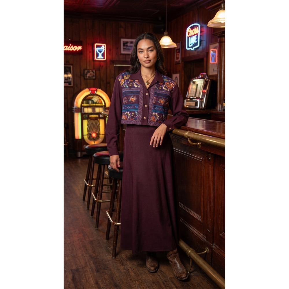 Vintage 80s Maroon Two Piece Maxi Western Boho Grandmacore Set Size 8